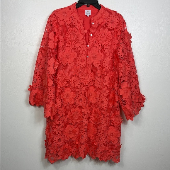J. Marie The Seraphina Dress Coral Floral Lace Appliqué Crochet Sheer Overlay L - Picture 3 of 9